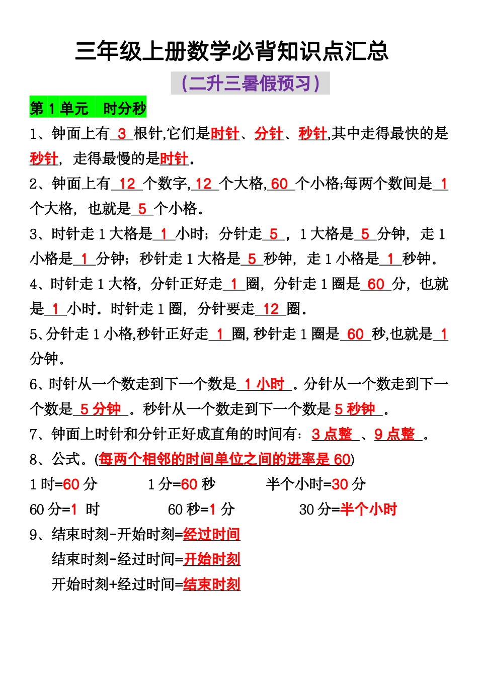 三年级年级上册数学必背知识点汇总()_第1页