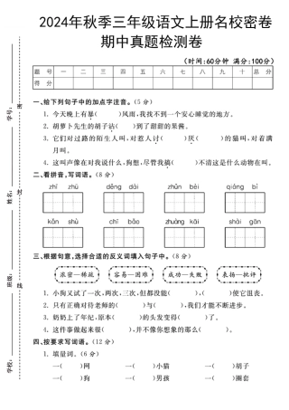 三年级年级上册语文期中检测卷--今天晚上有暴雨（含答案）