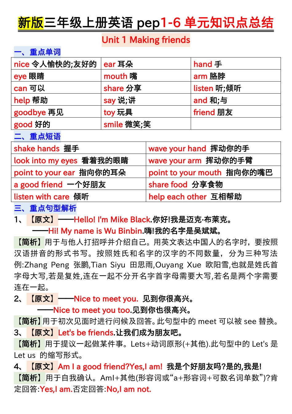 三年级上PEP英语 -6单元知识点汇总_第1页