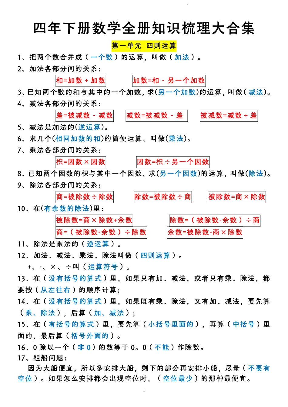 【盘古文库】四年下册数学全册知识梳理大合集_第1页