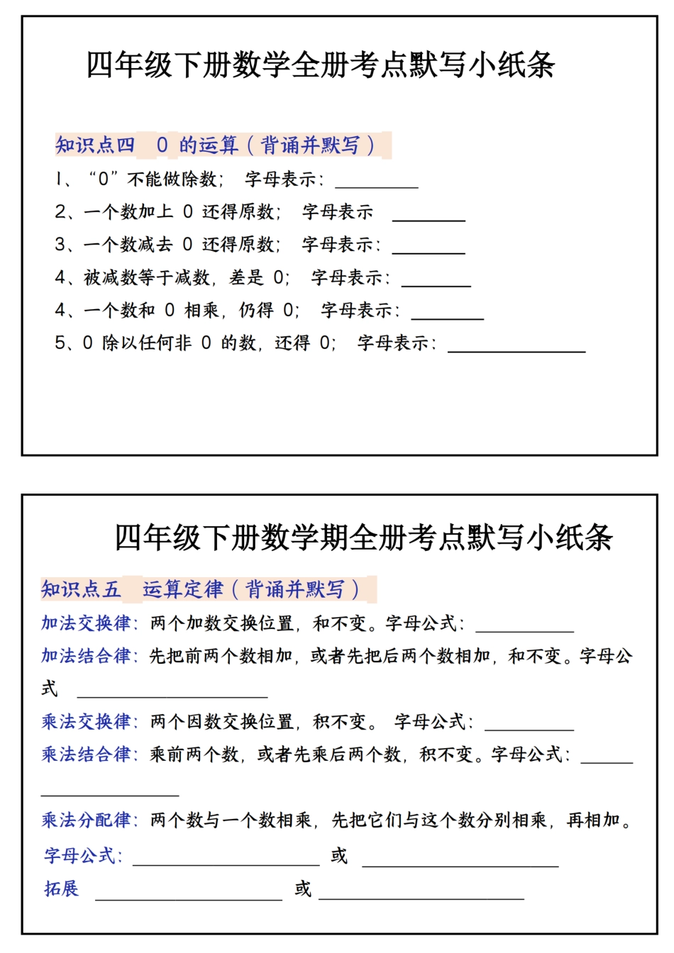 四年级下学期数学必背知识点默写小纸条__第3页