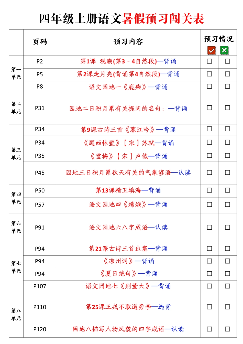 四（上）语文暑假预习必背篇目闯关打卡_第1页