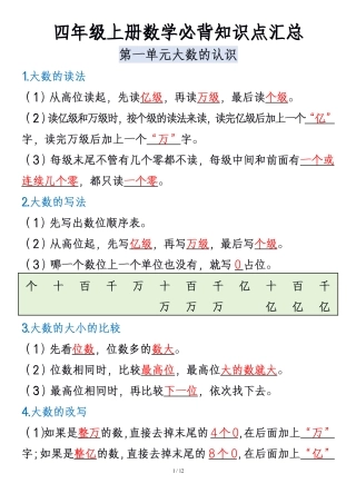 四年级上册数学必背知识点汇总 2
