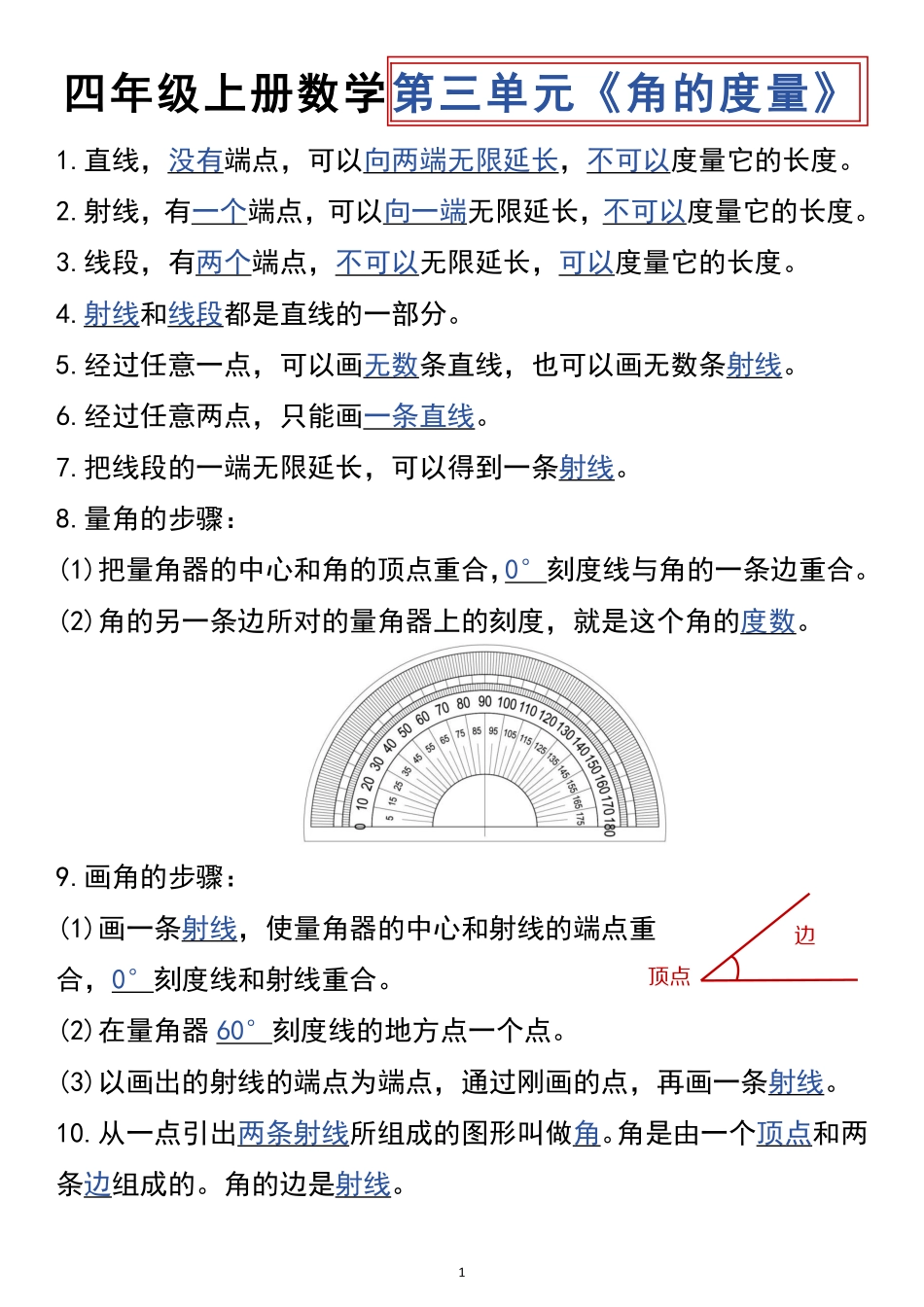 四年级上册数学第三单元角度测量知识点梳理_第1页