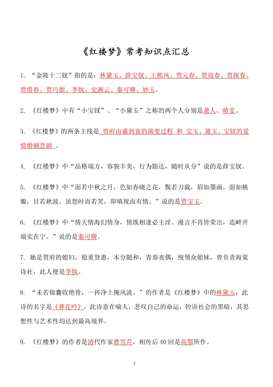 四大名著必考知识点《红楼梦》_知识点_第1页