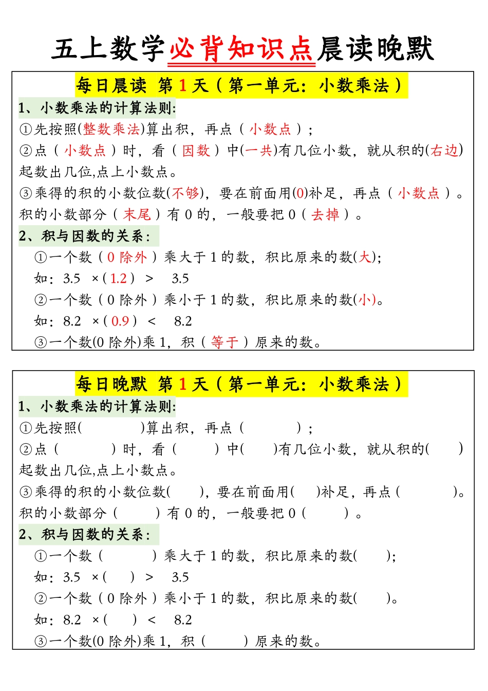 五年级上学期数学晨读晚默必背知识点(15天)_第1页