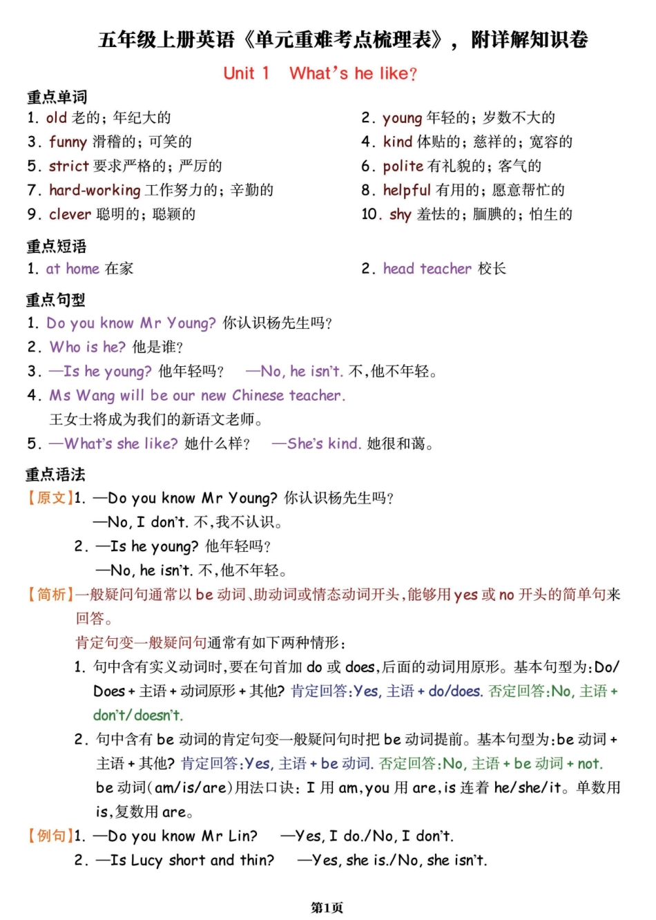 五年级上学期英语（人教PEP)《1-6单元重难考点梳理表》，附详解知识卷共24页_第1页
