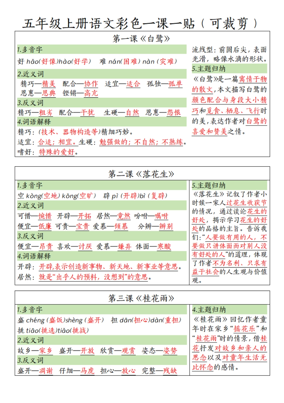 五年级上学期语文彩色一课一贴_第1页