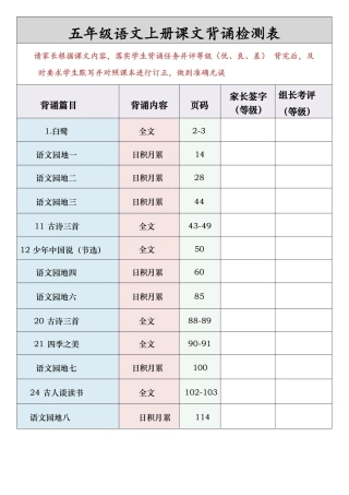 五年级语文上册课文背诵检测表