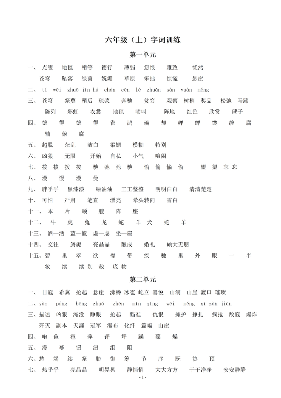 （参考答案）六年级上册语文：同步单元字词.字形.字音字义专项 (1)_第1页