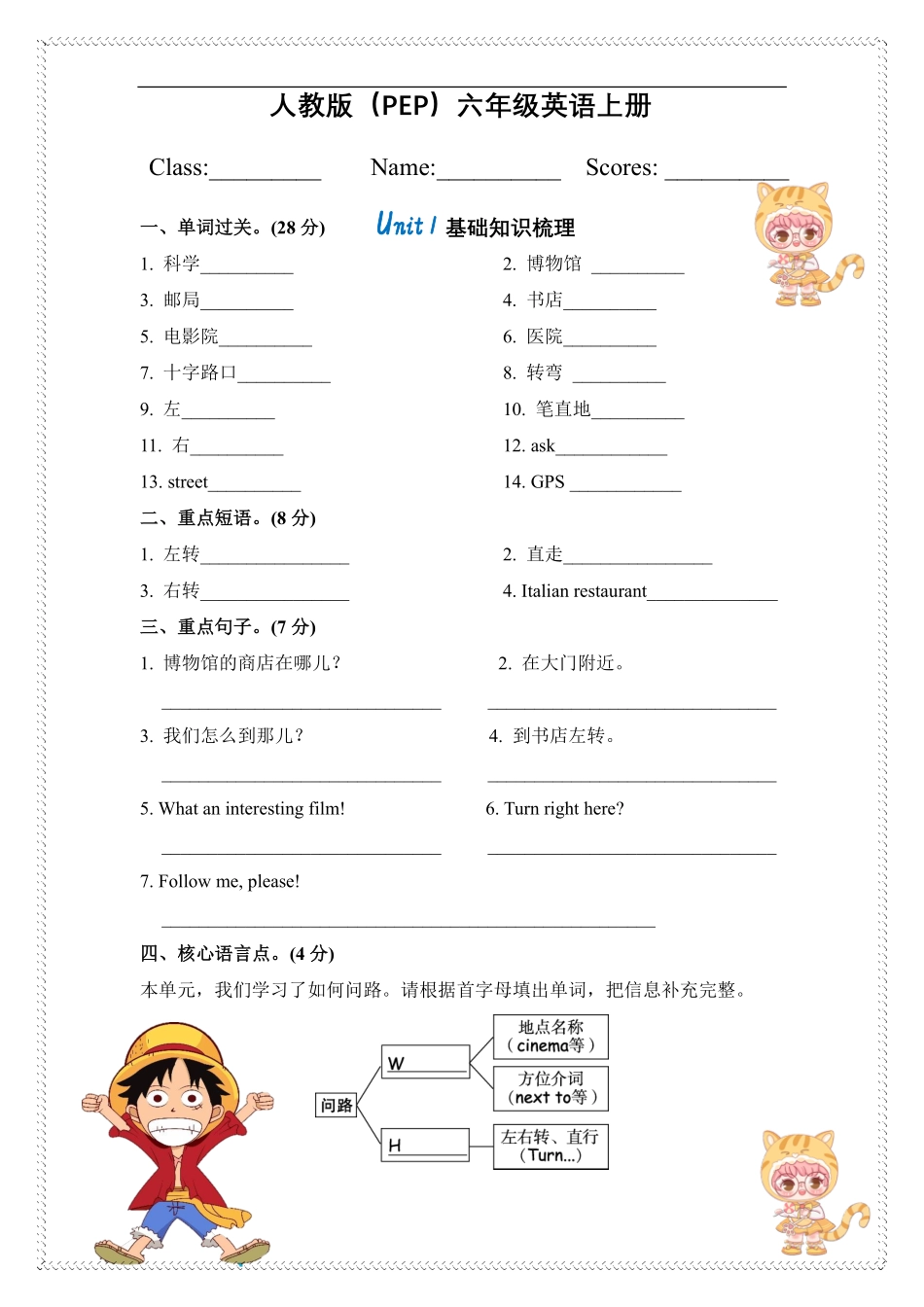 六年级上册英语（人教PEP）单词 短语句型默写专练_第1页