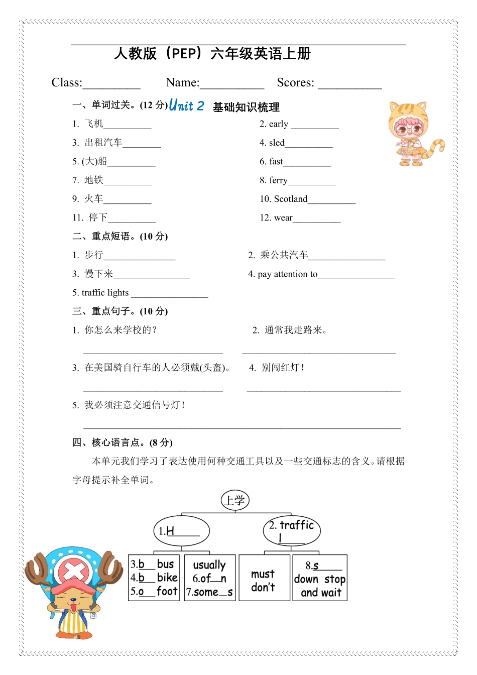 六年级上册英语（人教PEP）单词 短语句型默写专练_第2页