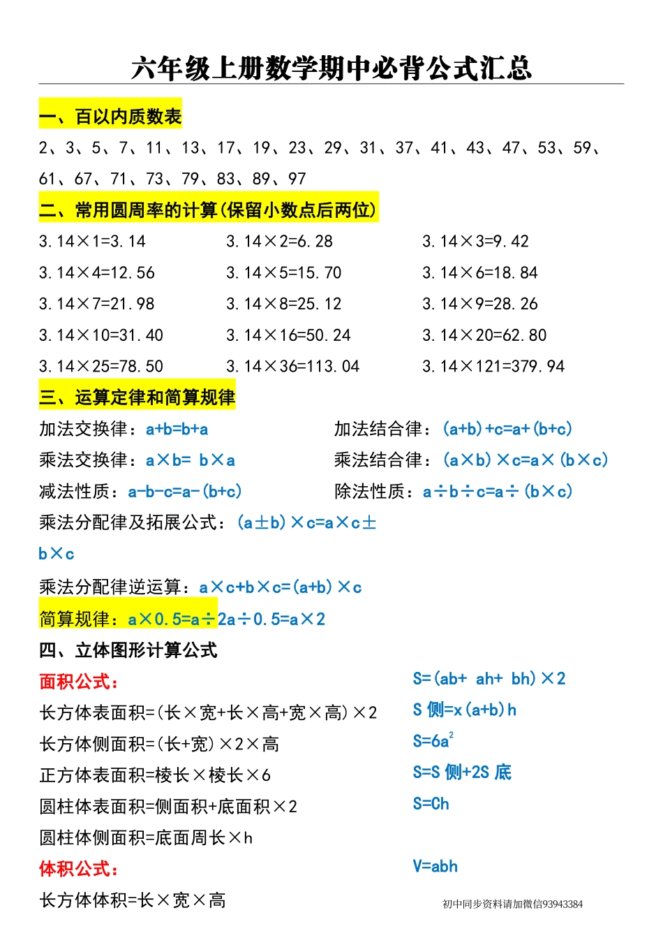 六年级上册数学期中必背公式汇总_第1页