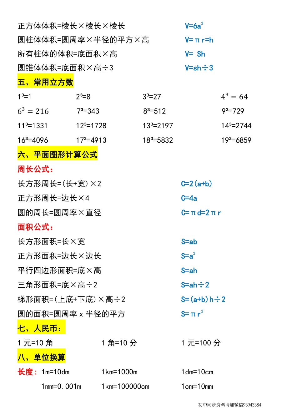 六年级上册数学期中必背公式汇总_第2页