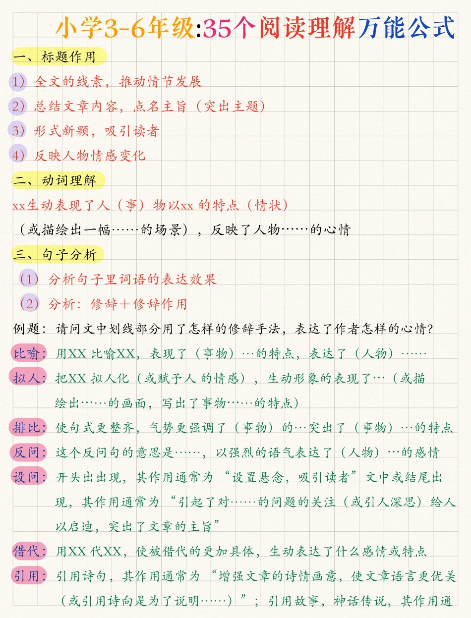 小学3-6年级35个阅读理解万能公式，建议收藏少走弯路_第1页
