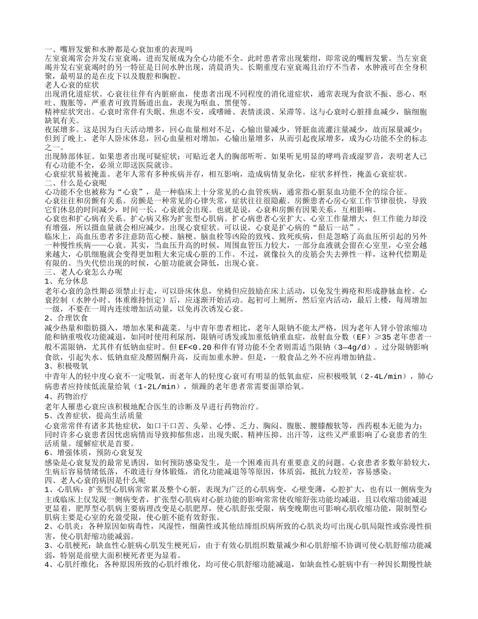 嘴唇发紫和水肿都是心衰加重的表现吗 老人心衰怎么办呢_第1页