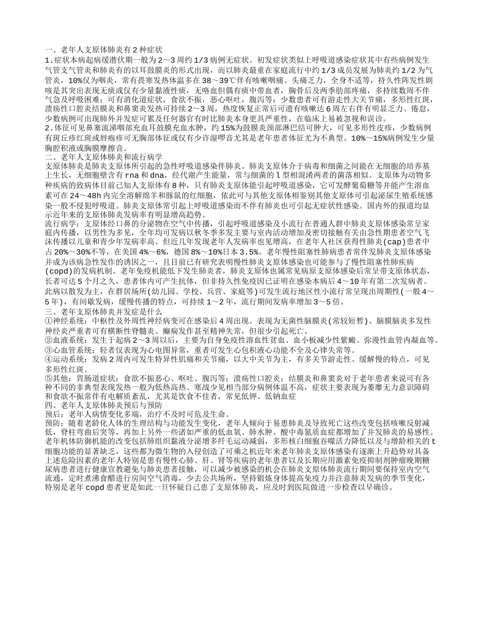 老年人支原体肺炎有这些症状 老年人支原体肺炎和流行病学有这些_第1页
