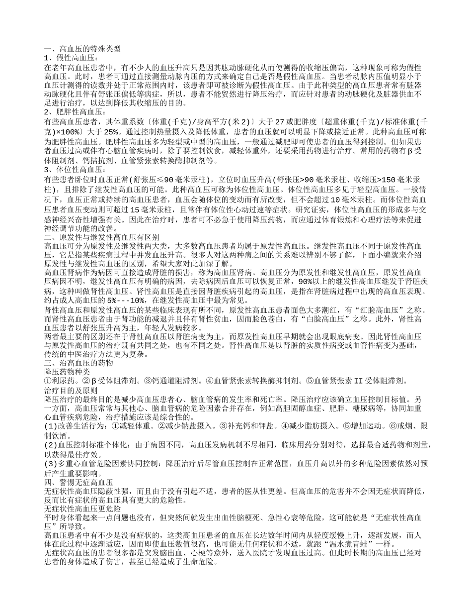 高血压的特殊类型,原发性与继发性高血压有区别,治高血压的药物,警惕无症高血压_第1页