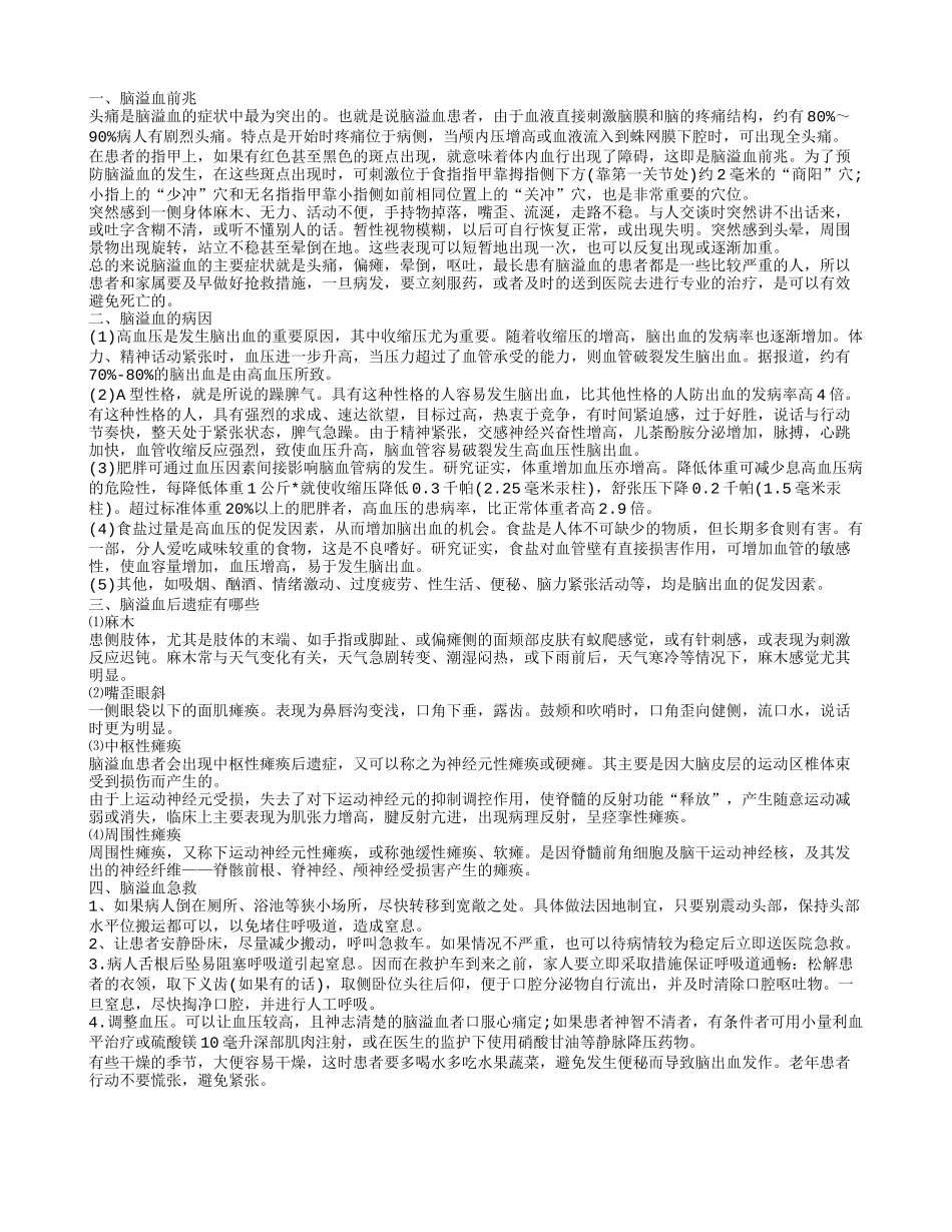 脑溢血前兆 突发脑溢血陷入昏迷脑溢血的病因脑溢血急救_第1页