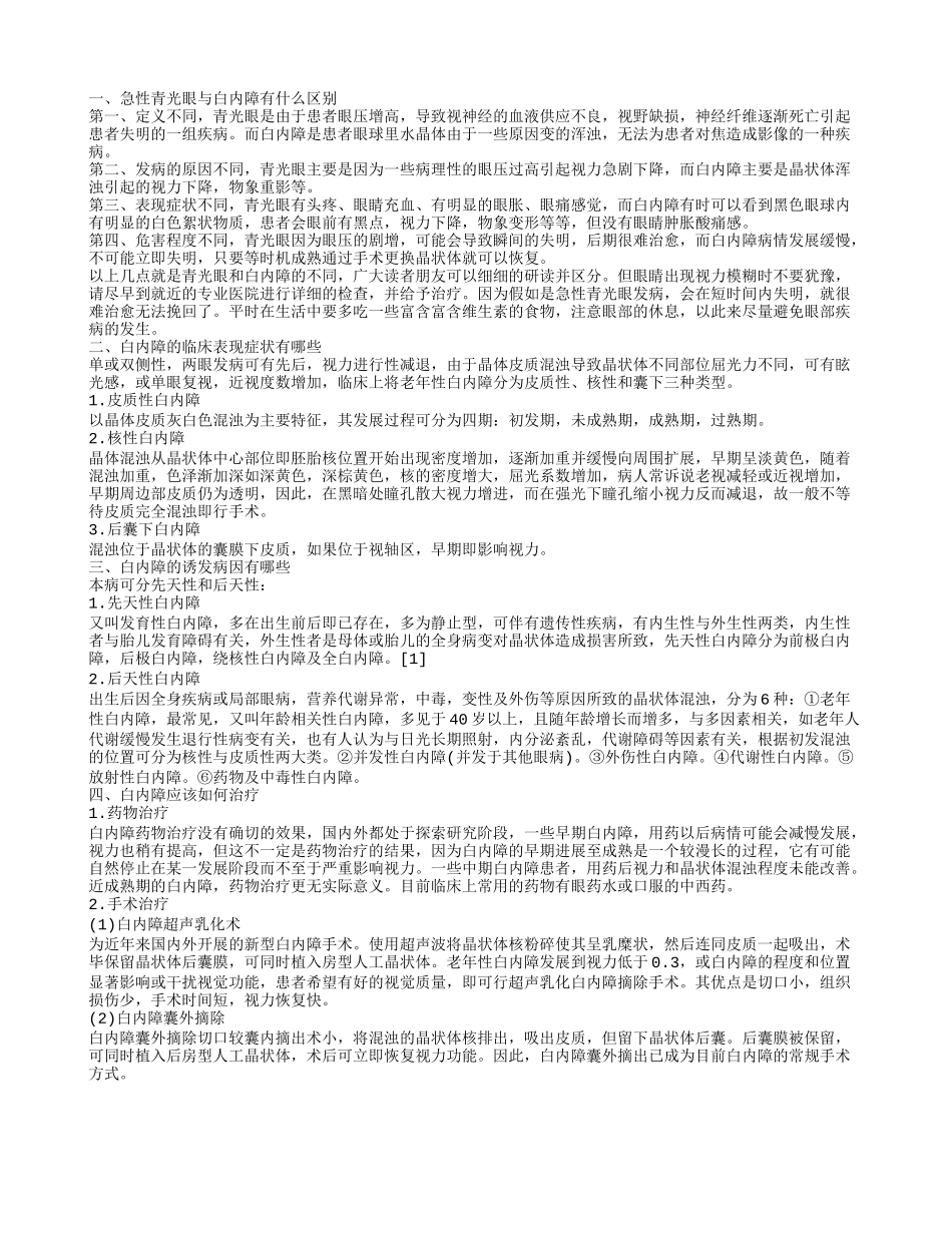 急性青光眼与白内障有什么区别 白内障的临床表现症状有哪些_第1页
