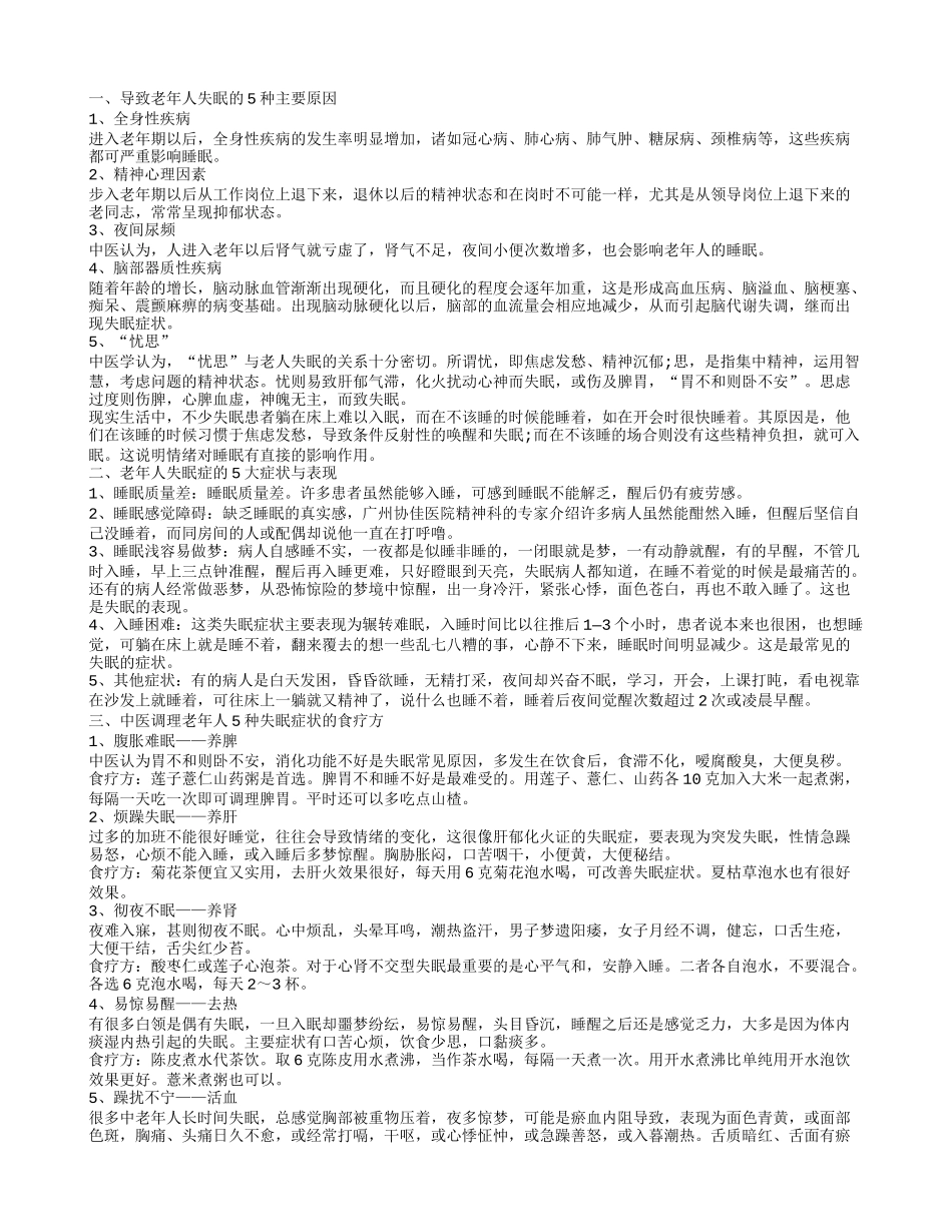 老年人为什么容易患失眠症 中医治疗失眠的5种食疗方_第1页