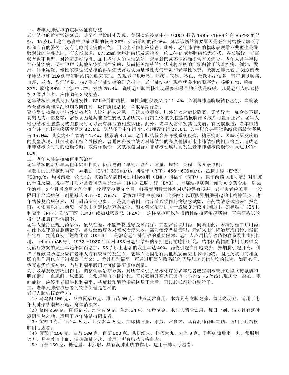 老年人肺结核的症状有哪些 老年人肺结核的饮食保健是怎样的_第1页