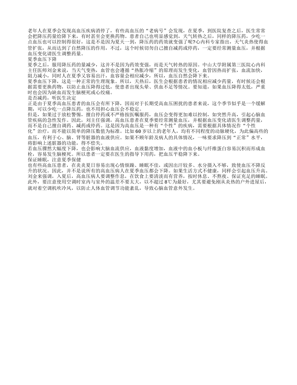 夏季血压下降 老年人不能随意停止用药_第1页