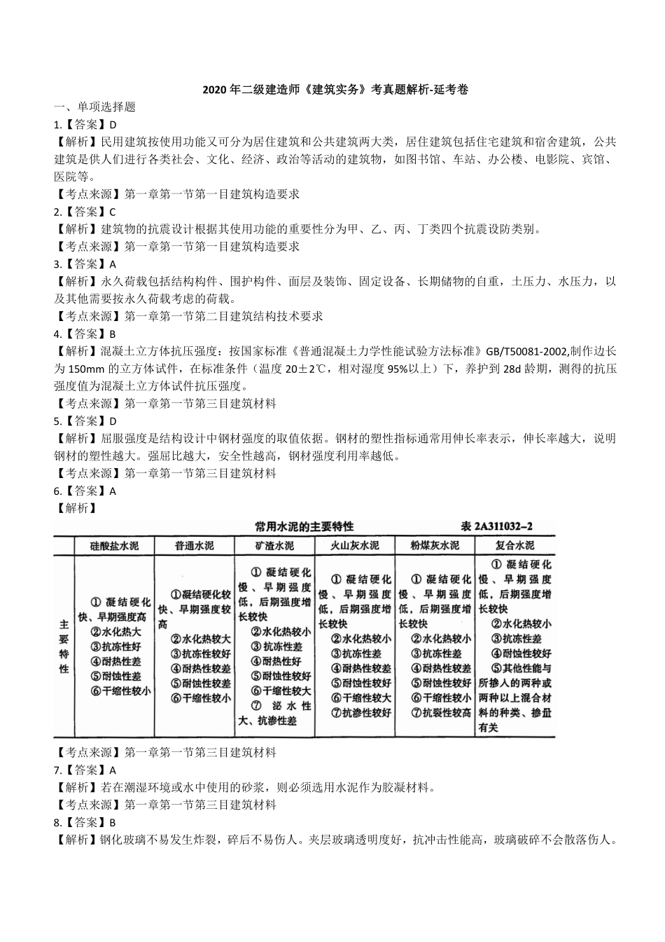 2020年二建建筑真题（四省延考）参考答案及解析_第1页