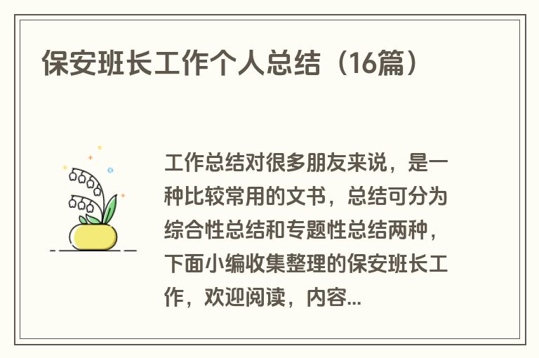 保安班长工作个人总结（16篇）
