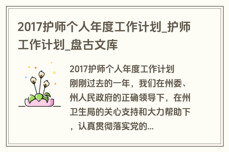 2017护师个人年度工作计划_护师工作计划_盘古文库